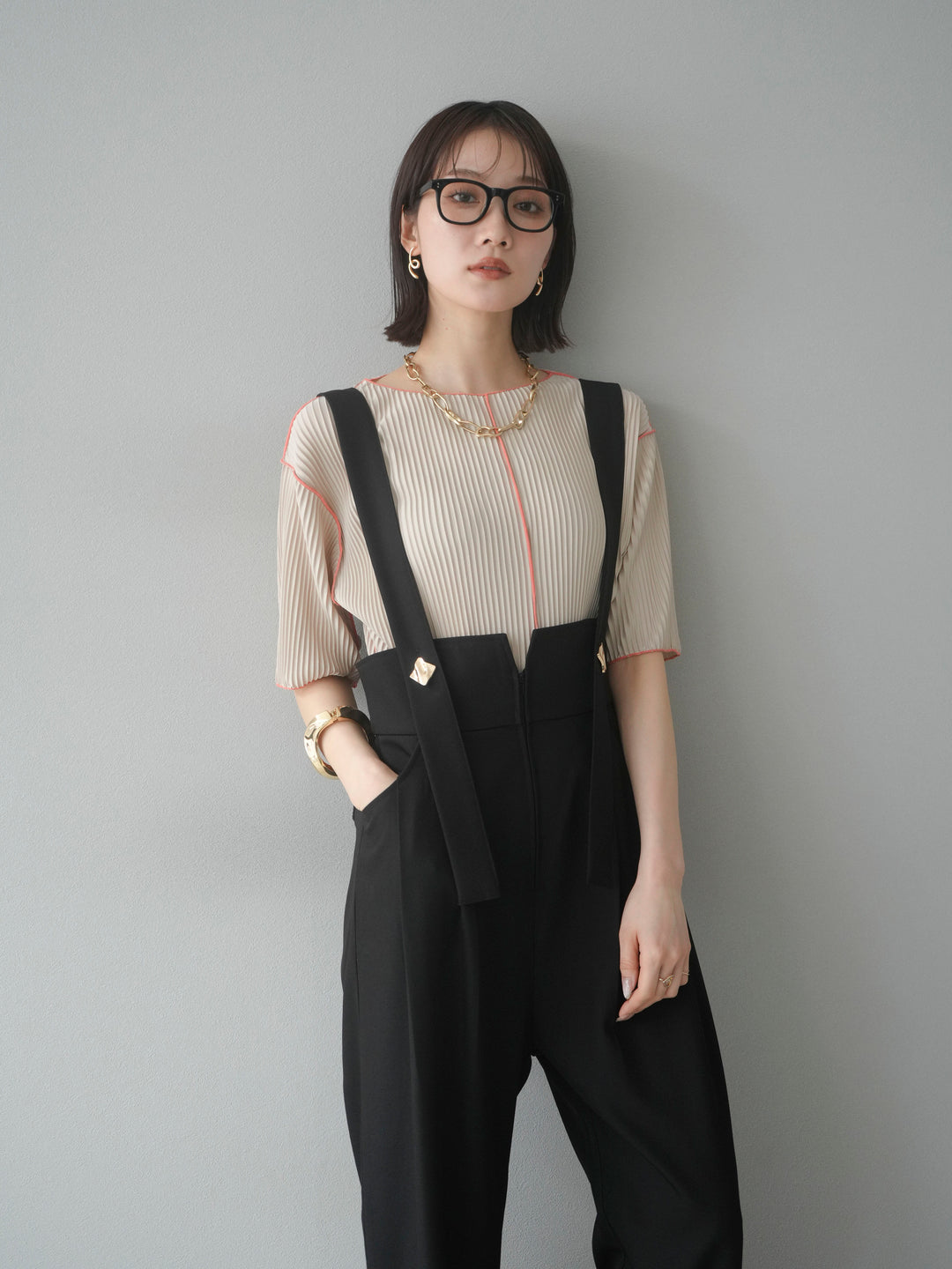 [予約]配色メロープリーツハーフスリーブトップス/ベージュ