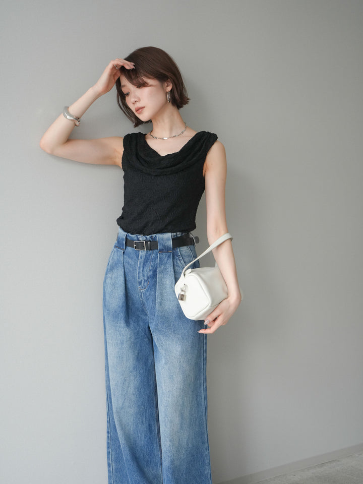 [予約]レースドレープネックアシメトップス/black