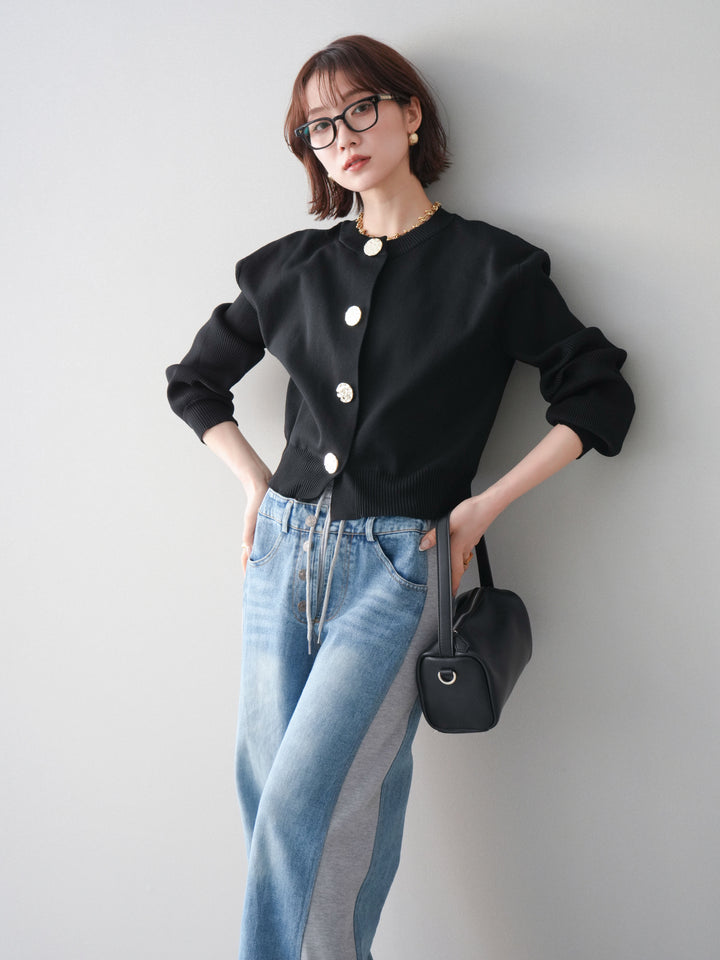 [SET]メタルボタンクルーネックニットカーディガン+デニム切替スウェットパンツ(2set)