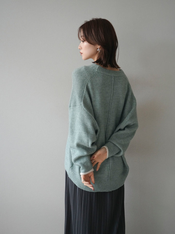 [SET]Vネック配色スリーブニットプルオーバー+選べるアクセセット(2set)