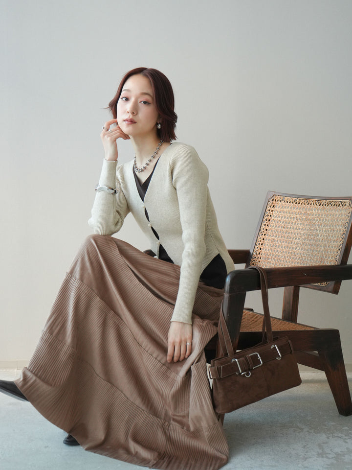[SET]Vネック配色レイヤードスリットニットトップス+型押しスエードティアードプリーツスカート(2set)