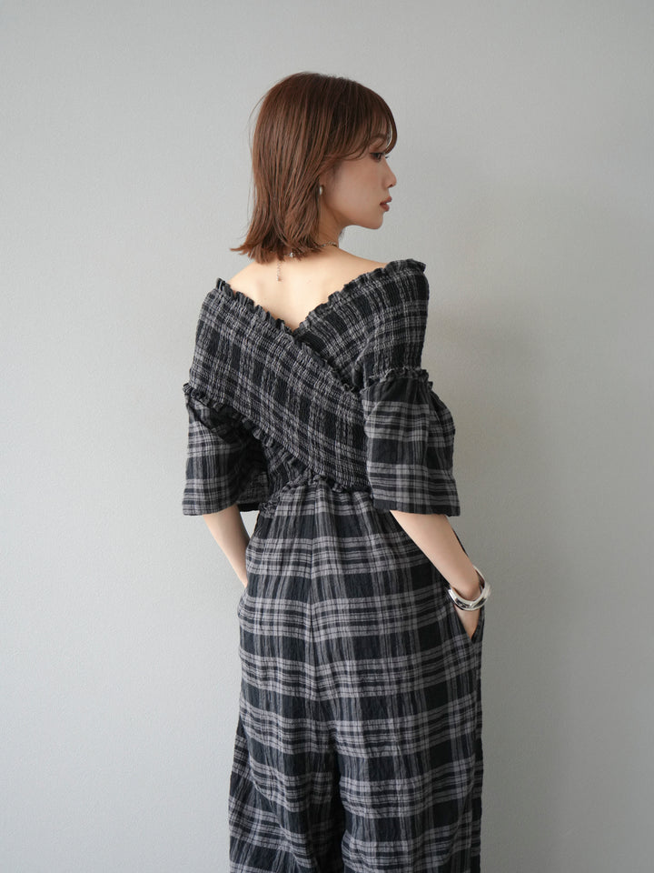 [予約]チェック柄ハーフスリーブシャーリングクロスサロペット/ブラック