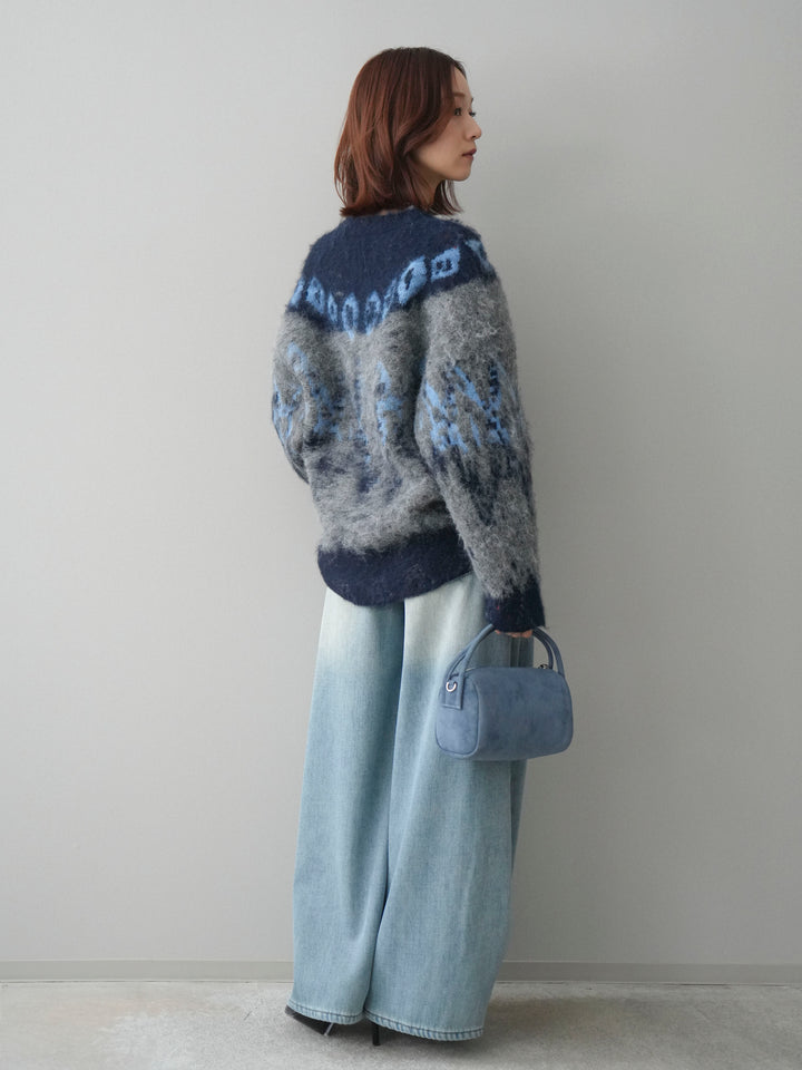 [SET]シャギーニュアンス柄ニットプルオーバー+ベルト付裏起毛カーブデニムパンツ(2set)