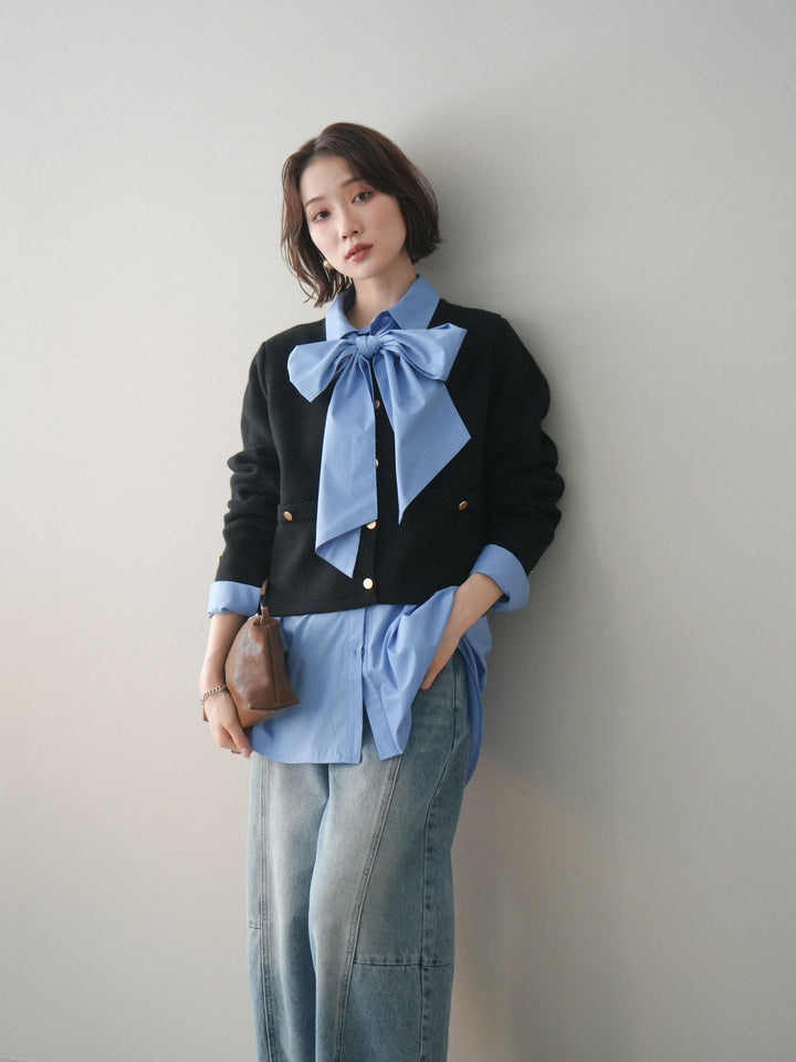 [SET]ゴールドボタンノーカラーニットジャケット+選べるアクセセット(2set)