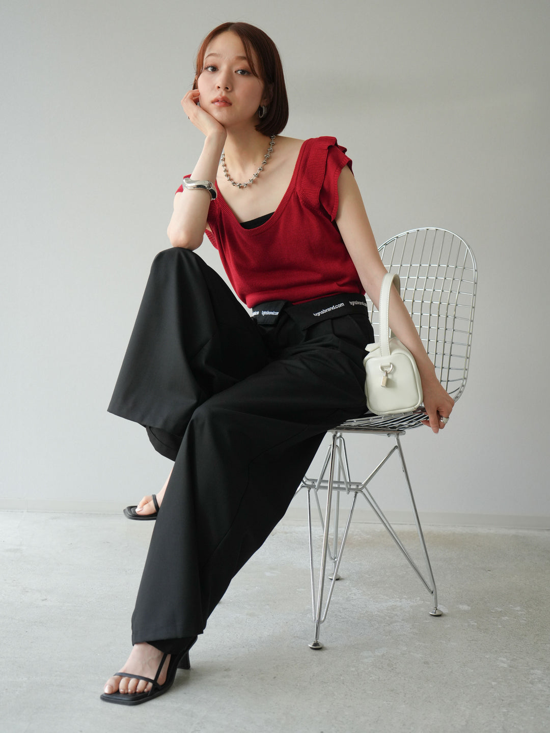 [予約]リネンタッチフリルニットタンクトップ/レッド