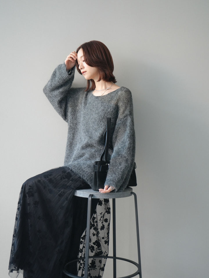 [SET]透かしデザインニットプルオーバー+フラワーフロッキーチュールプリーツスカート(2set)