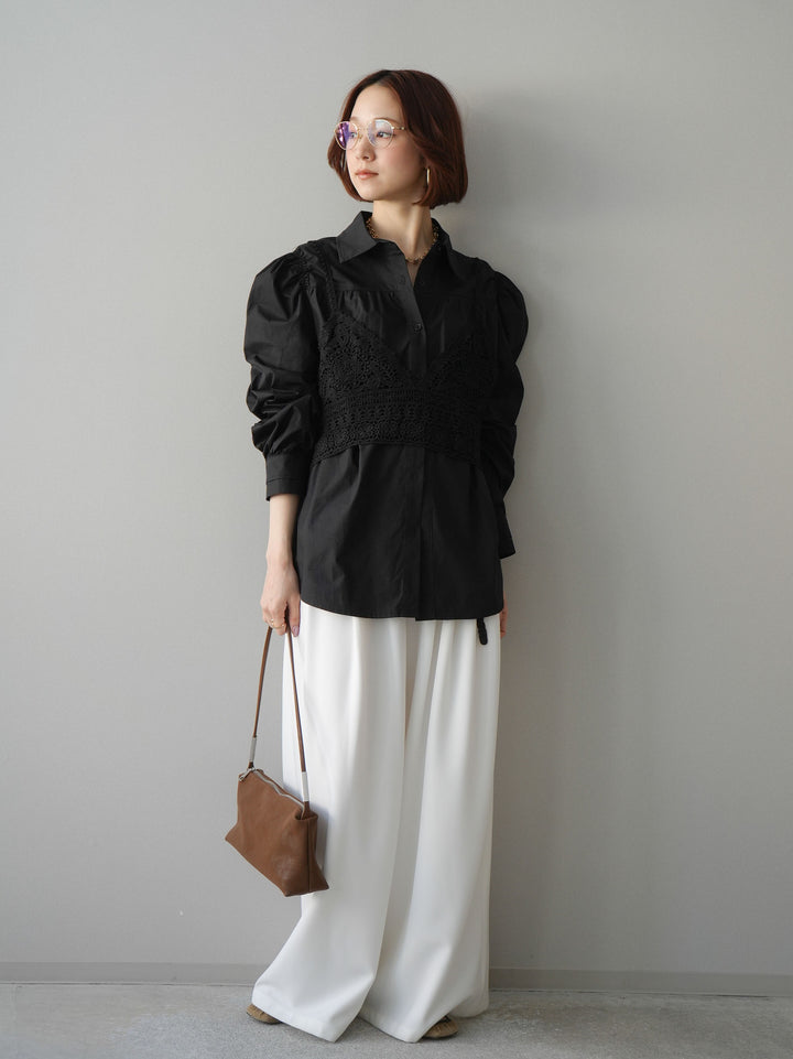 [予約]編み込みベルト付タックワイドパンツ/white