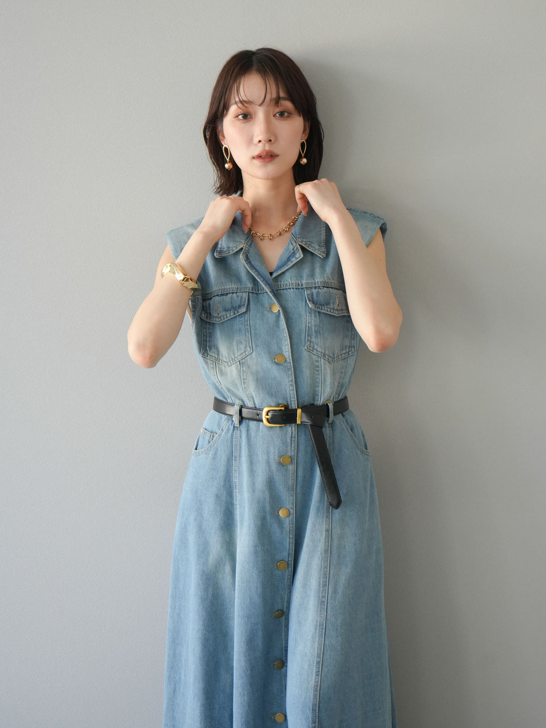 [予約]ベルト付デニムシャツデザインワンピース/ライトブルー