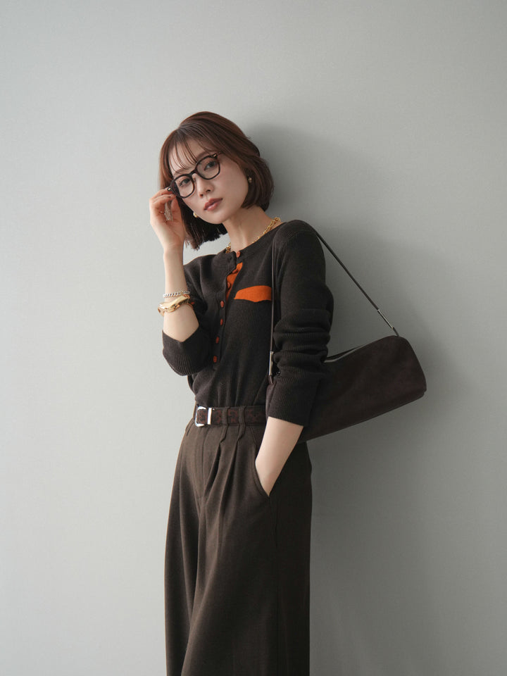 【預購】雙色拼接口袋亨利領針織衫/棕色