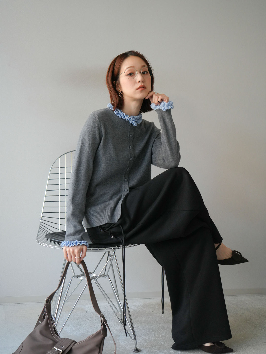 [予約]フリルデザインコンパクトニットカーディガン/グレー