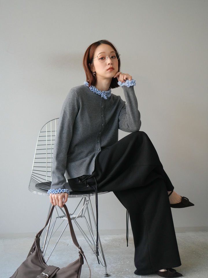 [予約]フリルデザインコンパクトニットカーディガン/グレー