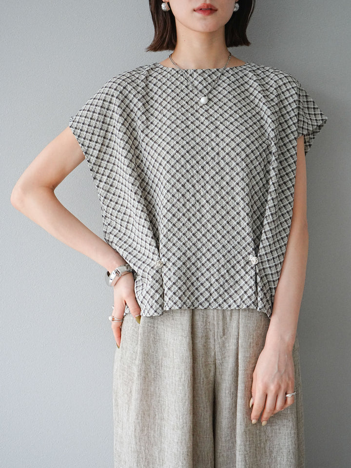 [予約]チェック柄タックデザインフレンチスリーブトップス/ブラック