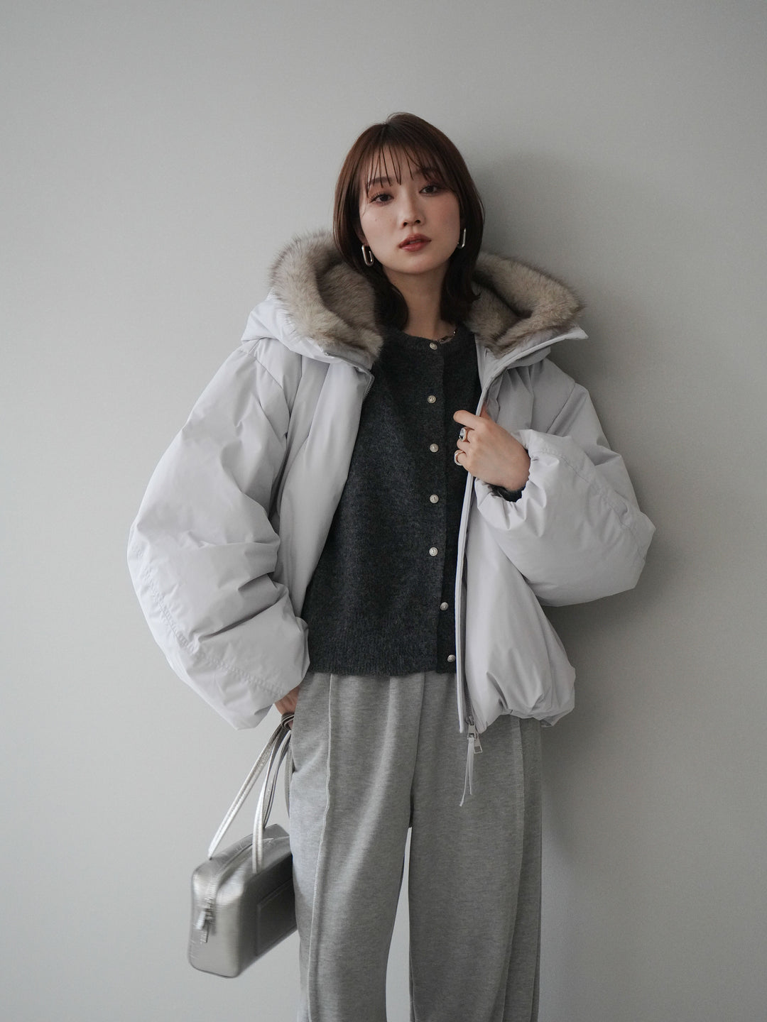 [予約]フードファーショートダウンコート/lightgray