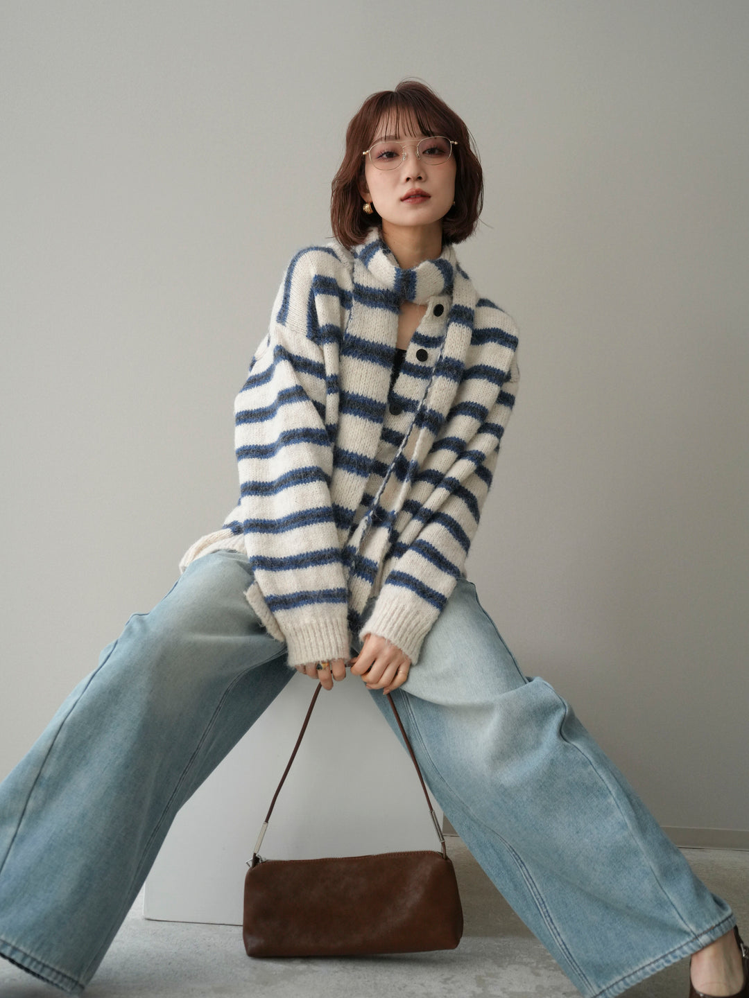 [予約]ボウタイ付きボーダーニットプルオーバー/white