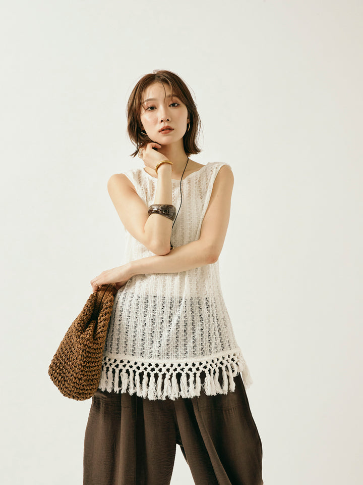 [予約]フリンジ透かし編みニットベスト/ホワイト
