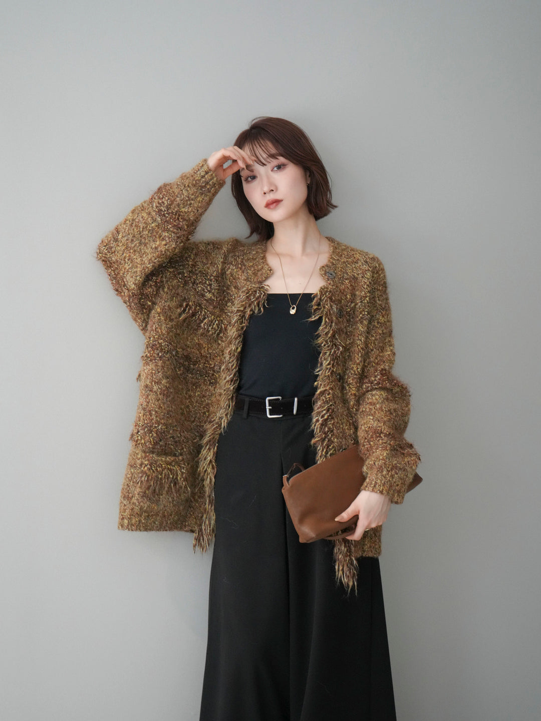 [SET]ミックスヤーンフリンジデザインニットジャケット+ストーンフォークリング(2set)