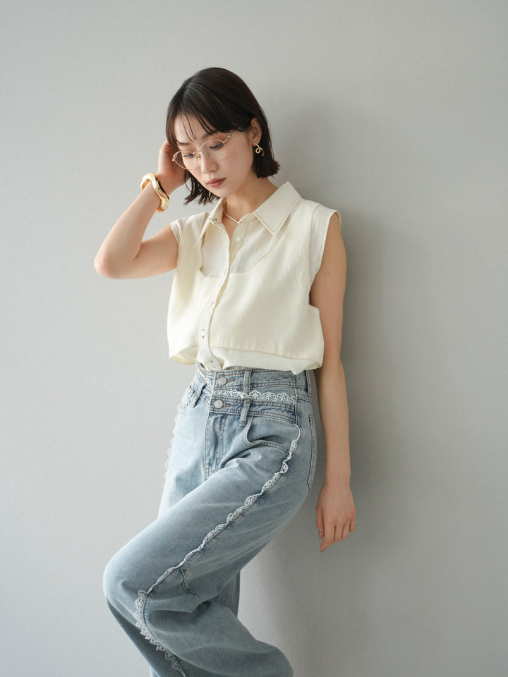 [SET]ステッチシアーレイヤードデザインブラウス+ラインレースデニムパンツ(2set)