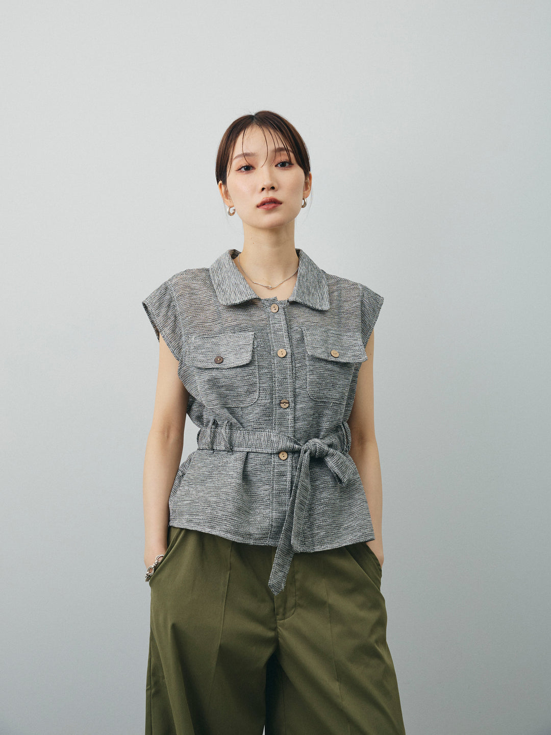 [SET]ミックスヤーンメッシュブラウス+コクーンワイドチノパンツ(2set)