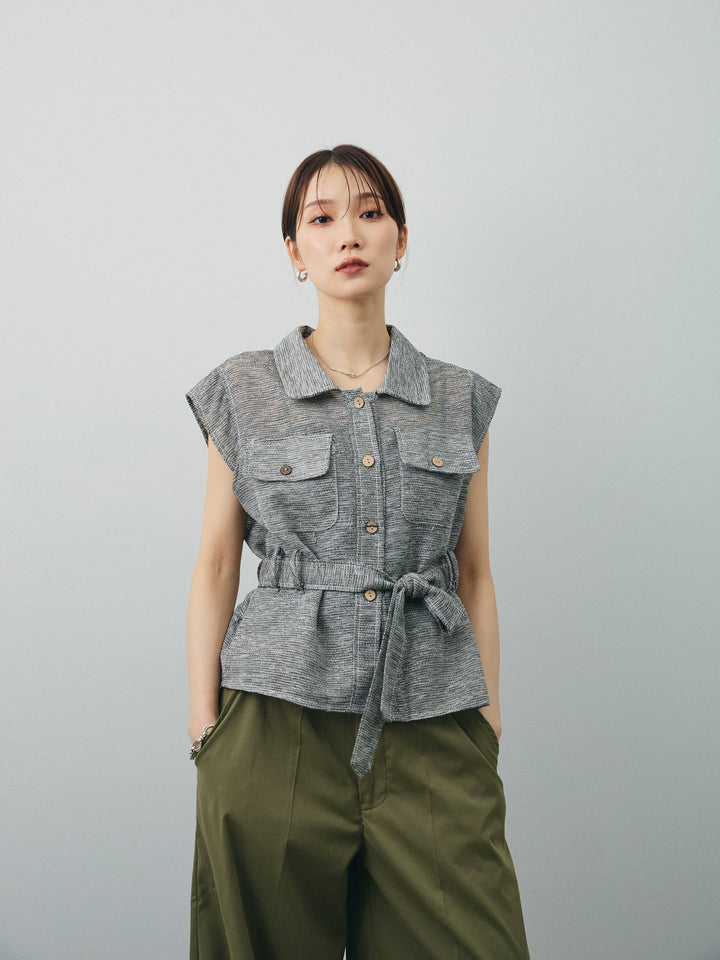 [SET]ミックスヤーンメッシュブラウス+コクーンワイドチノパンツ(2set)