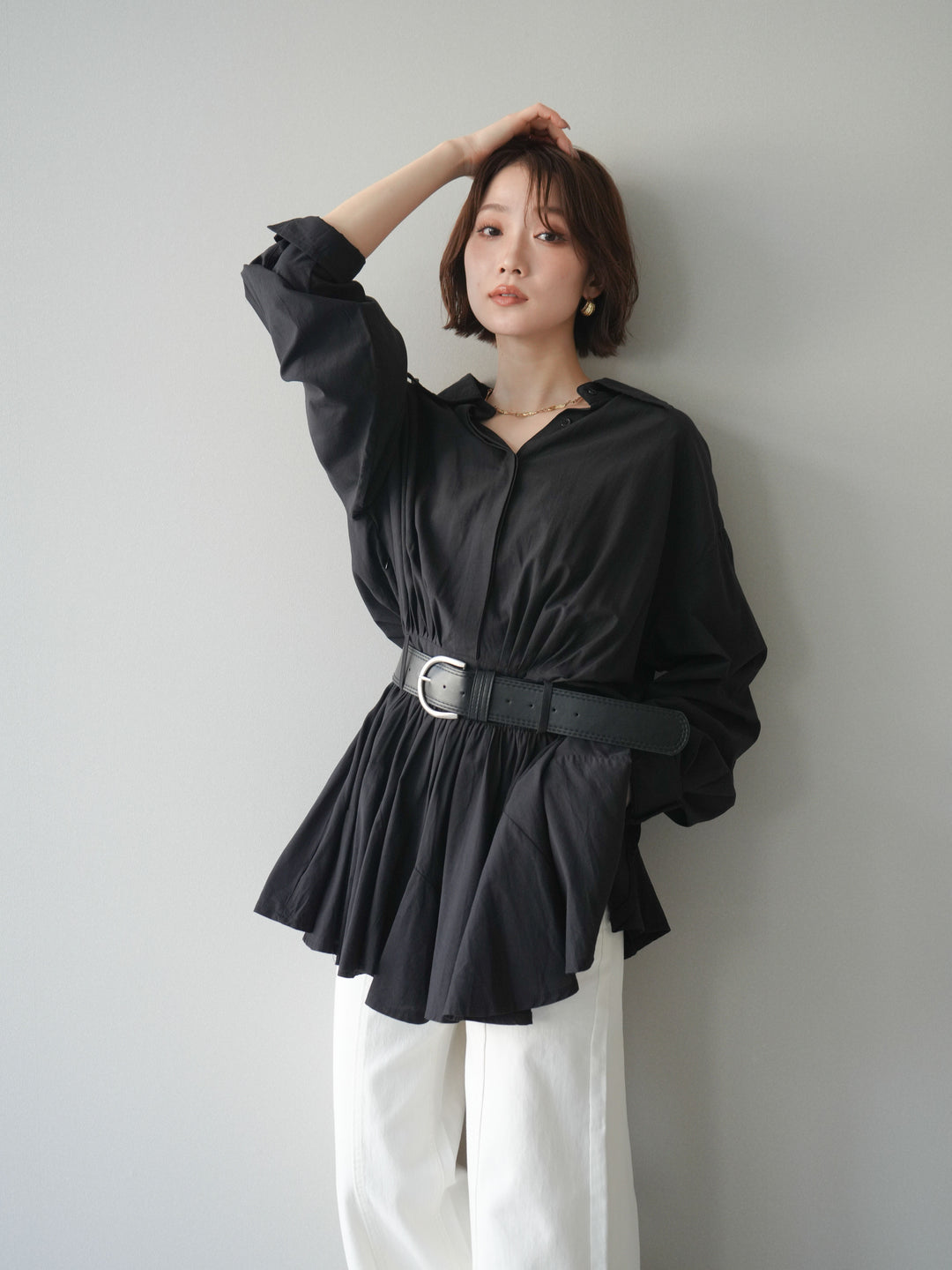 [予約]ベルト付フレアシャツミニワンピース/black