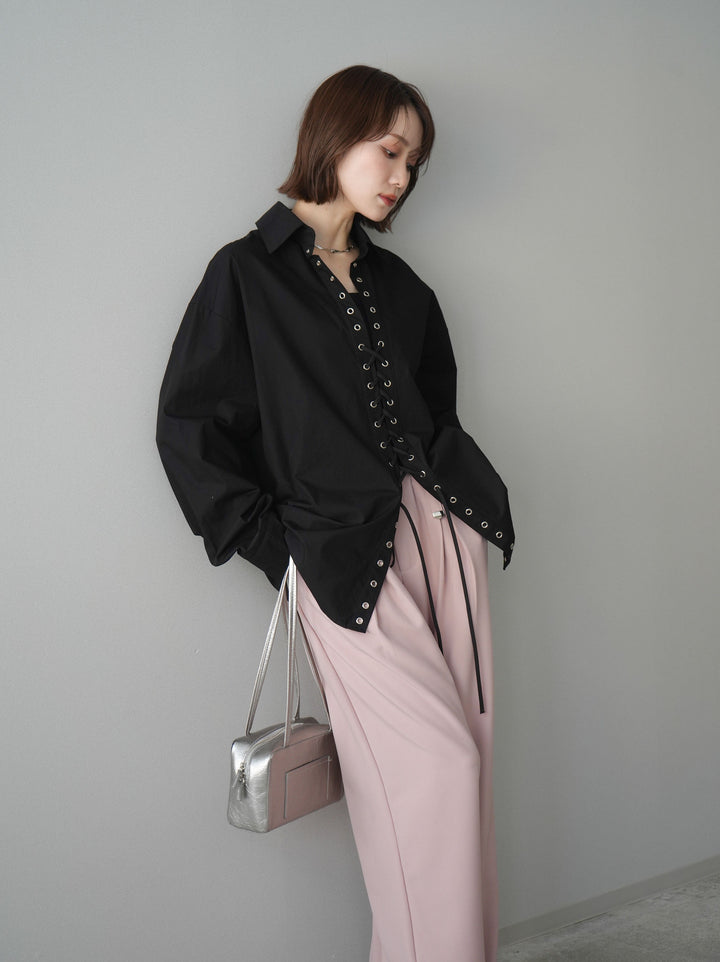 [SET]レースアップブロードシャツ+ベルト付キーホルダーモチーフワイドパンツ(2set)