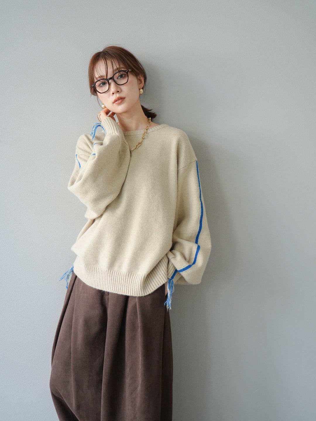 [SET]配色ステッチフリンジニットプルオーバー +スウェードタックワイドパンツ(2set)