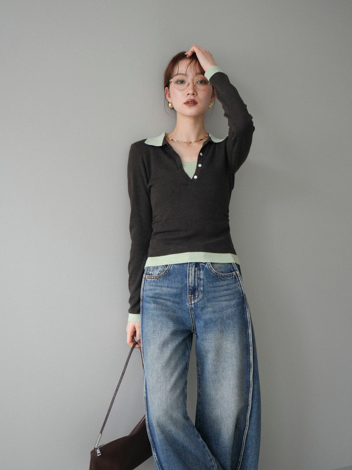 [予約]レイヤード配色ポロニットトップス/darkbrown