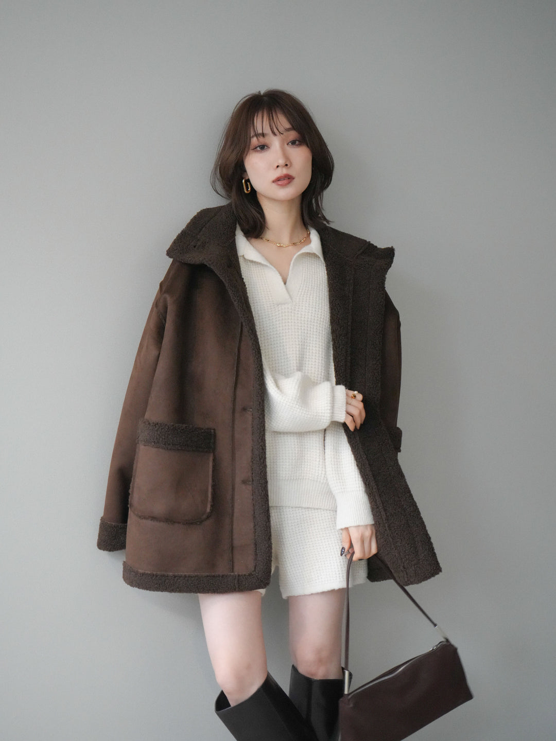 [SET]ポロニットプルオーバー＆ショートパンツSET UP+スタンドネックフェイクムートンミディアムコート(2set)