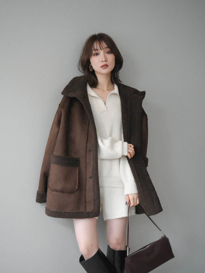 [SET]ポロニットプルオーバー＆ショートパンツSET UP+スタンドネックフェイクムートンミディアムコート(2set)