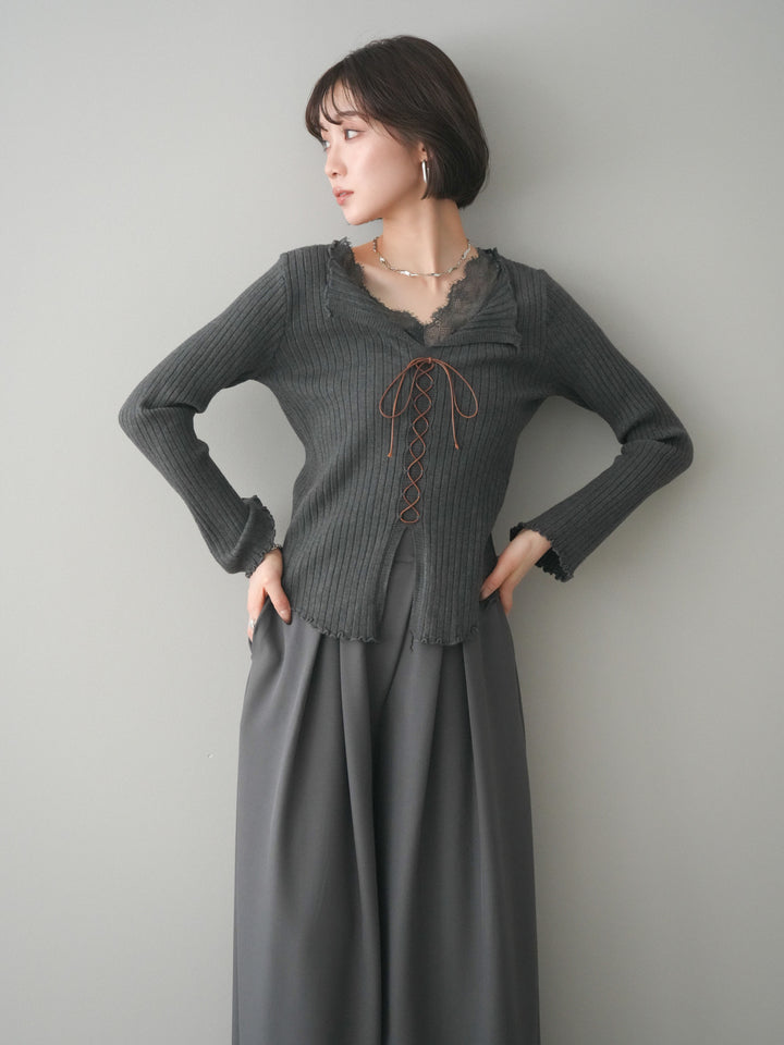 [予約]レースネックレースアップリブニットトップス/gray