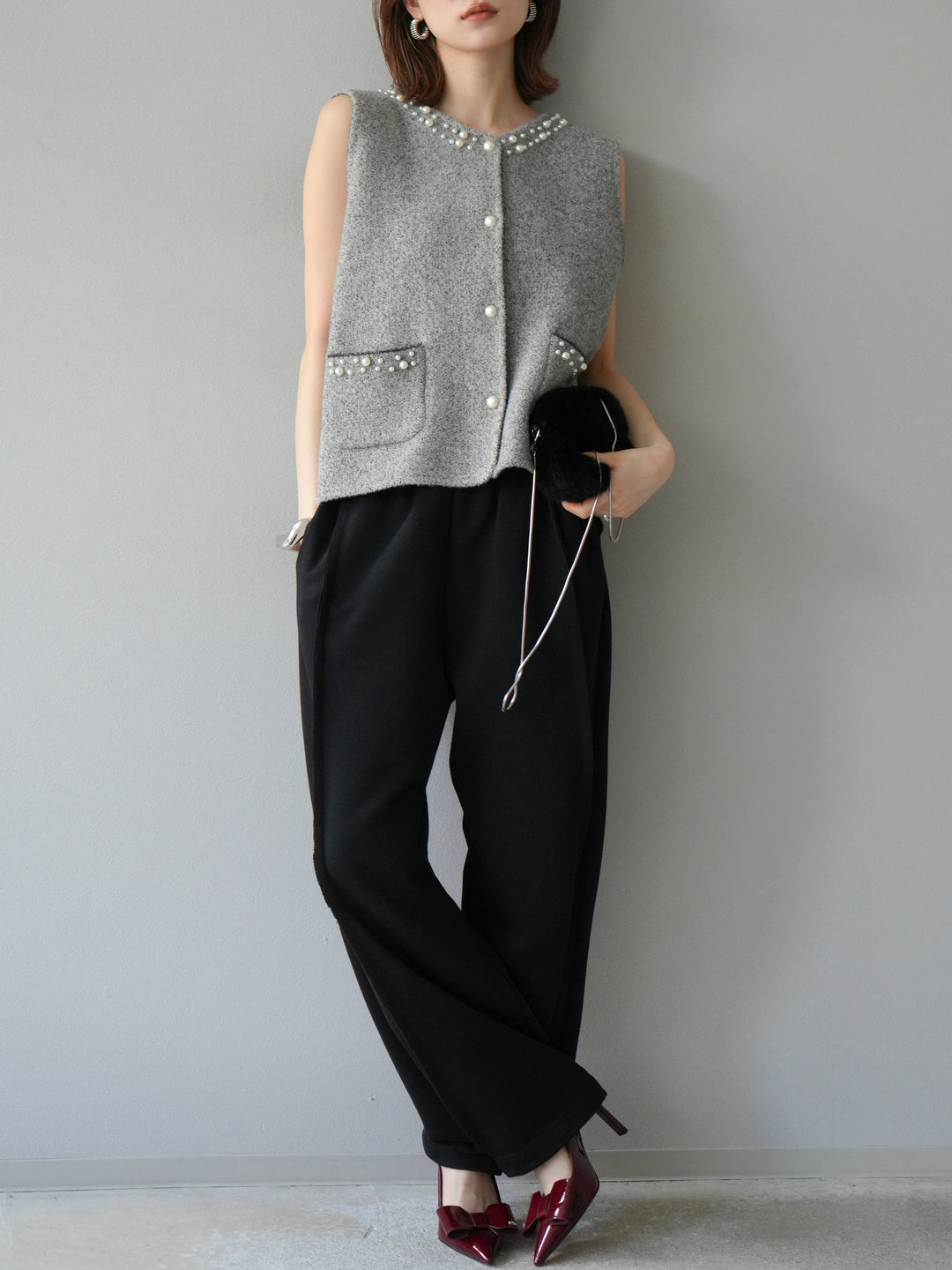 [予約]パールデザインツイードライクニットベスト/グレー
