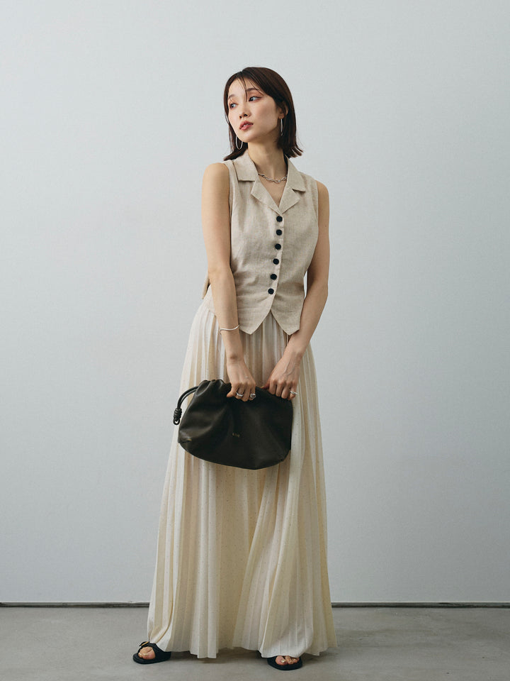 [SET]リネンライクテーラードジレ+ラインストーンプリーツスカート(2set)