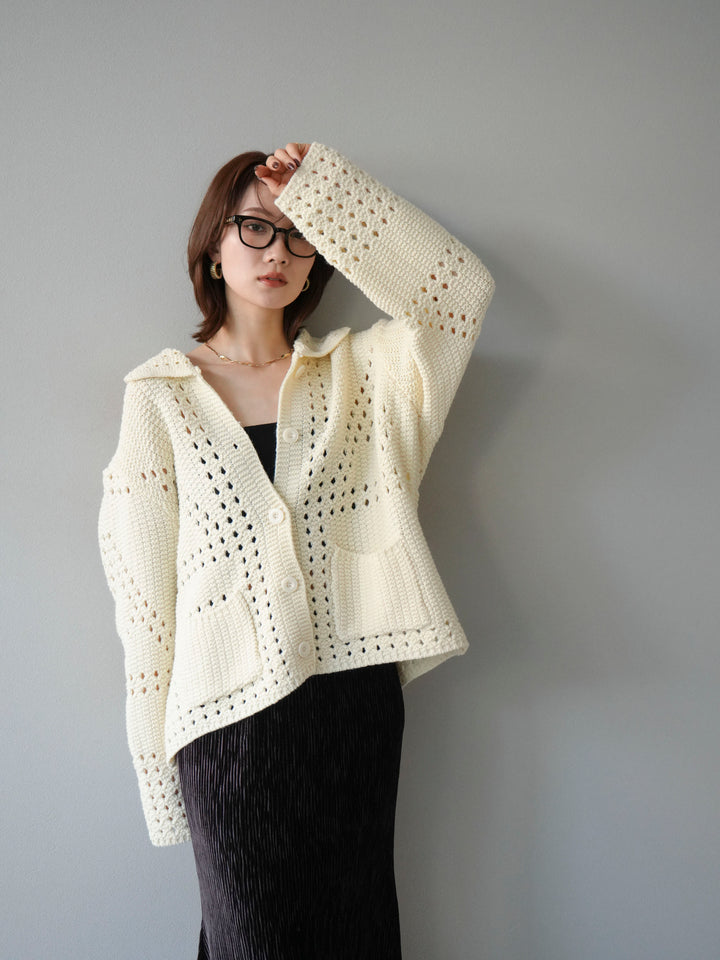 [予約]丸襟透かし編みニットカーディガン/オフ