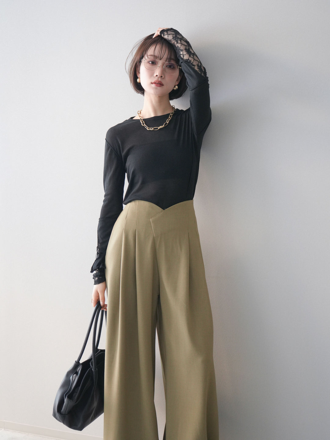 [予約]袖レースレイヤードデザインメロートップス/black