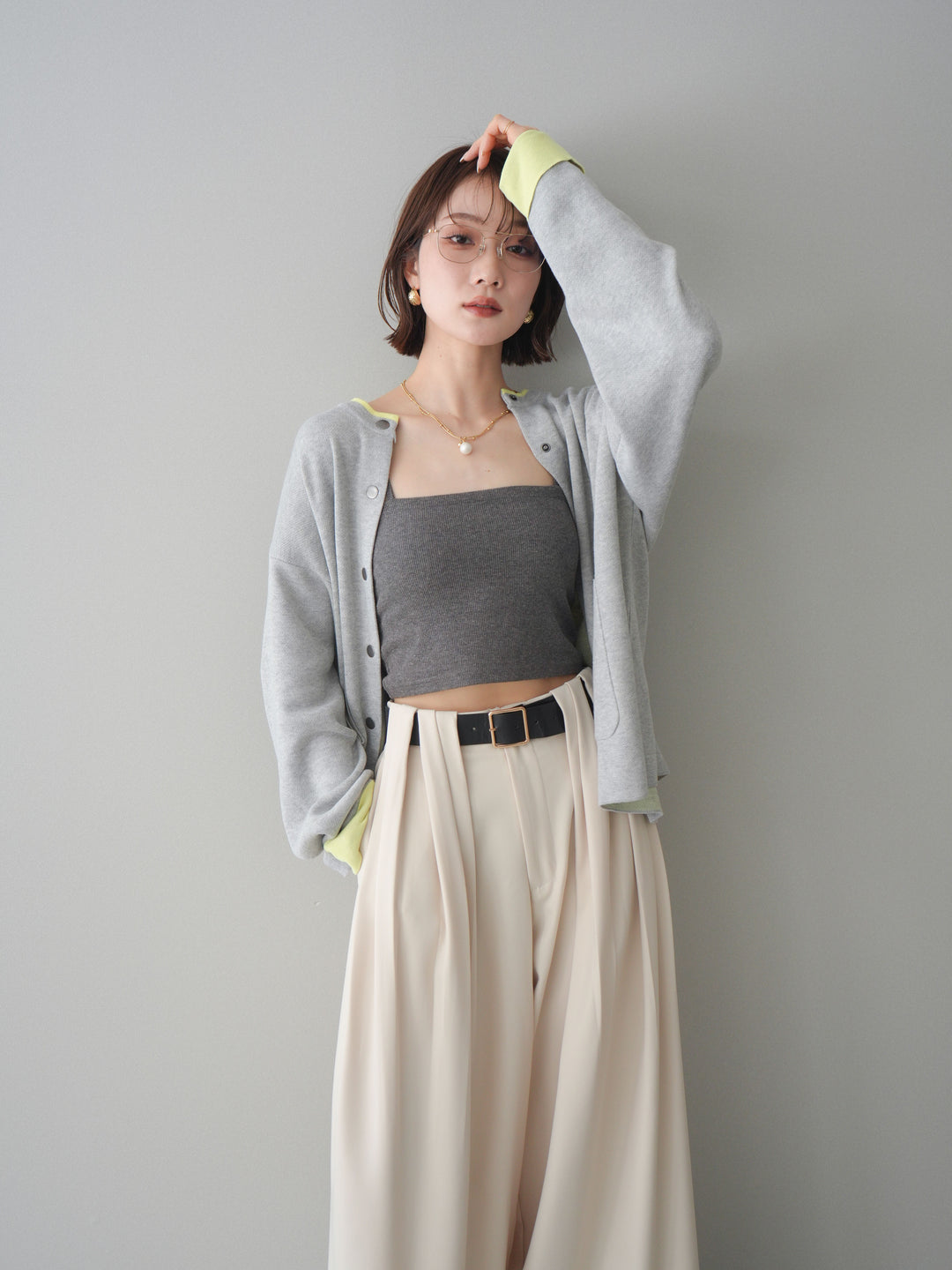 [SET]バイカラーオーバーニットカーディガン+タックベルトループワイドパンツ(2set)