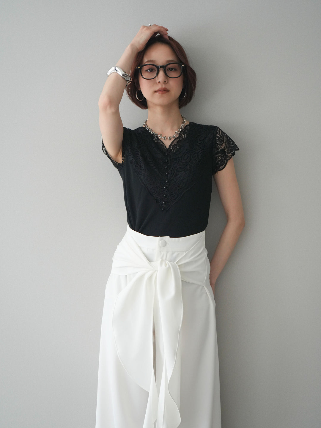 [SET]パールボタンレース切替ニットトップス+パールボタンレース切替ニットトップス(2set)