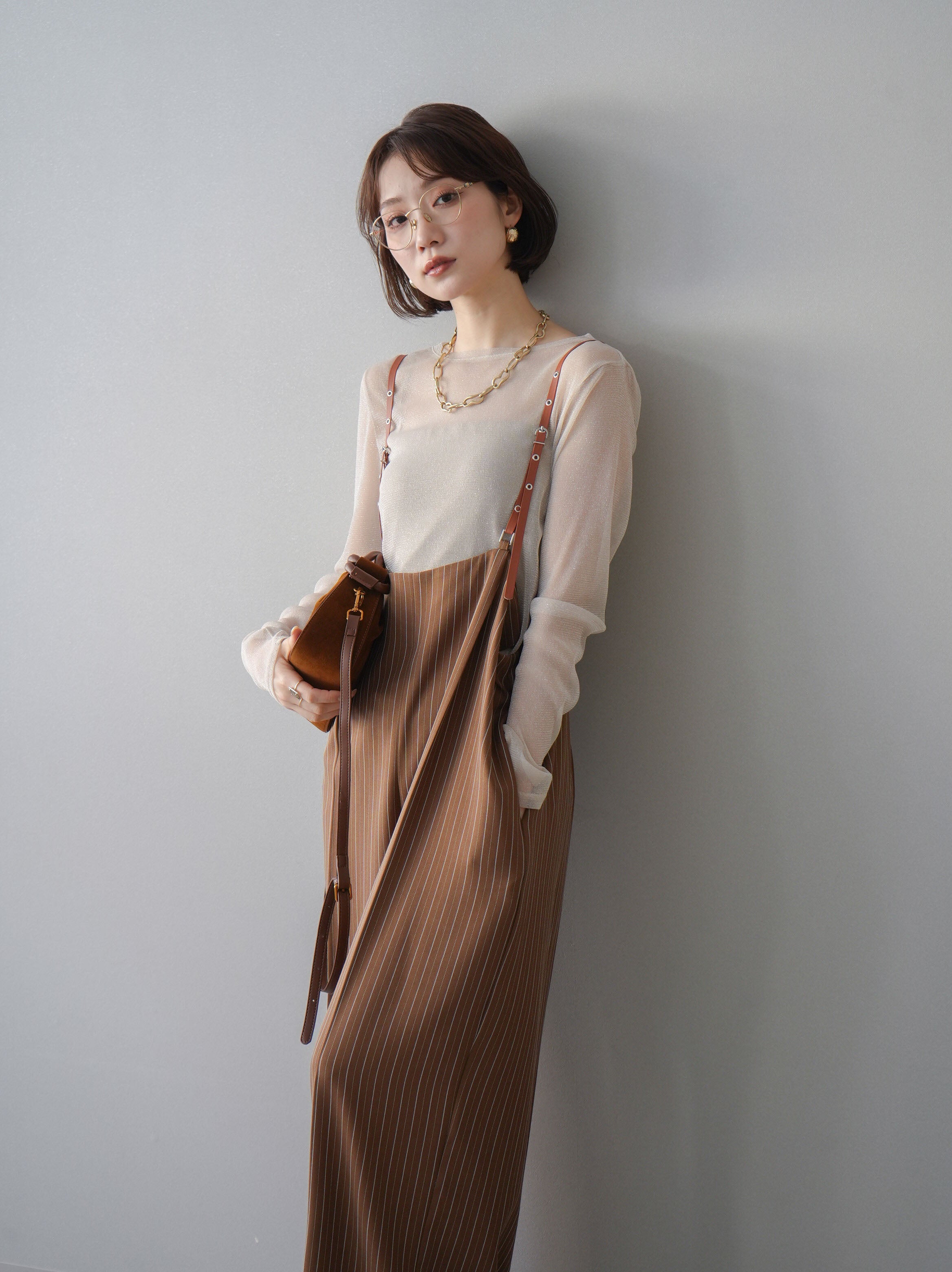 予約]ヘリンボーンストライプサス付サロペット/goldbrown – Lumier