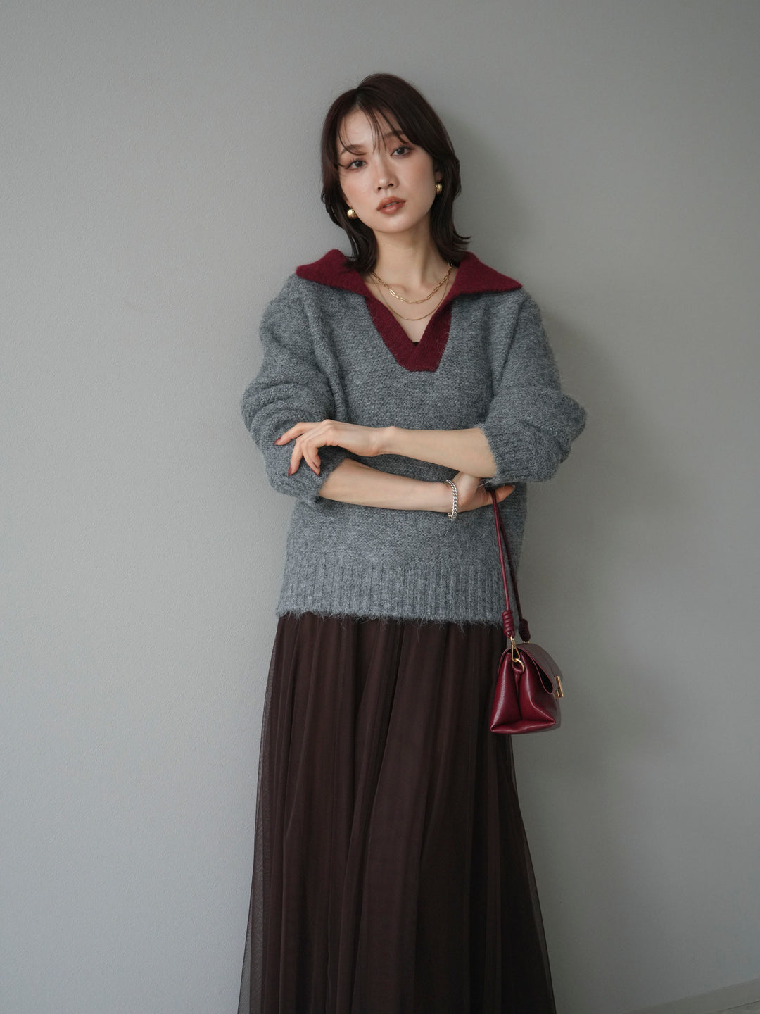 [予約]バイカラー襟付きニットプルオーバー/gray