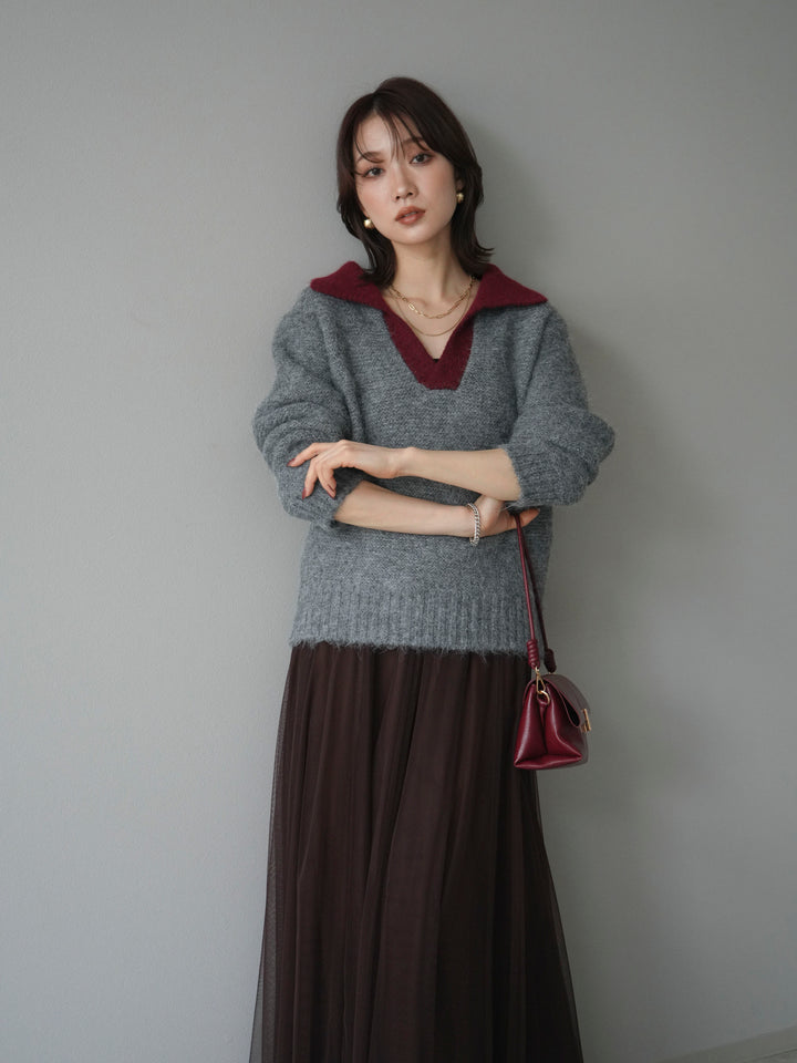 [予約]バイカラー襟付きニットプルオーバー/gray