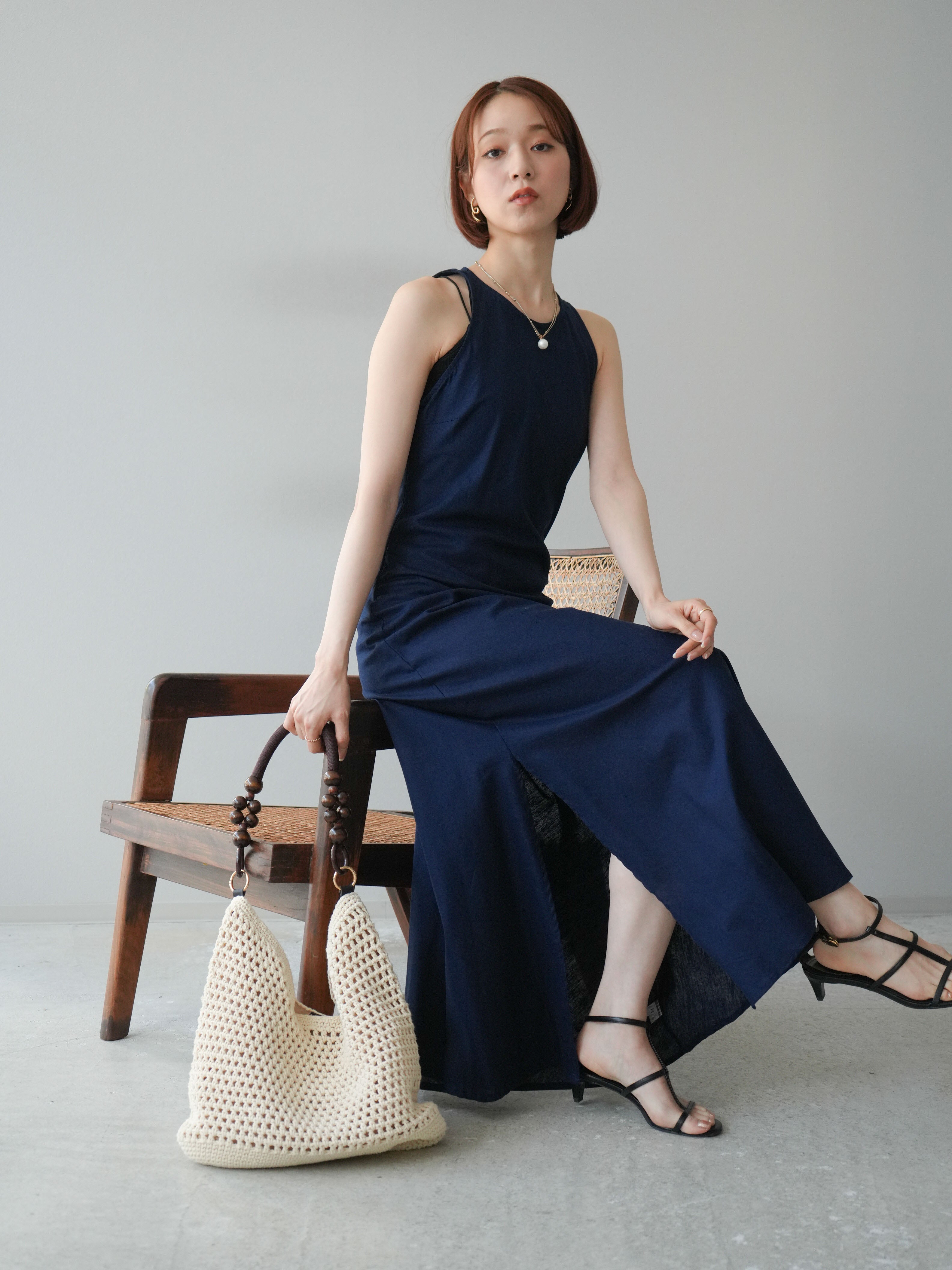 予約]リネンタッチノースリーブワンピース/ネイビー – Lumier