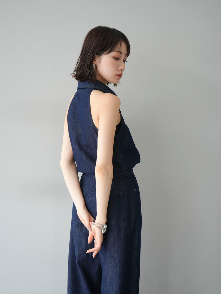 【預購】翻領牛仔連身衣/深藍色