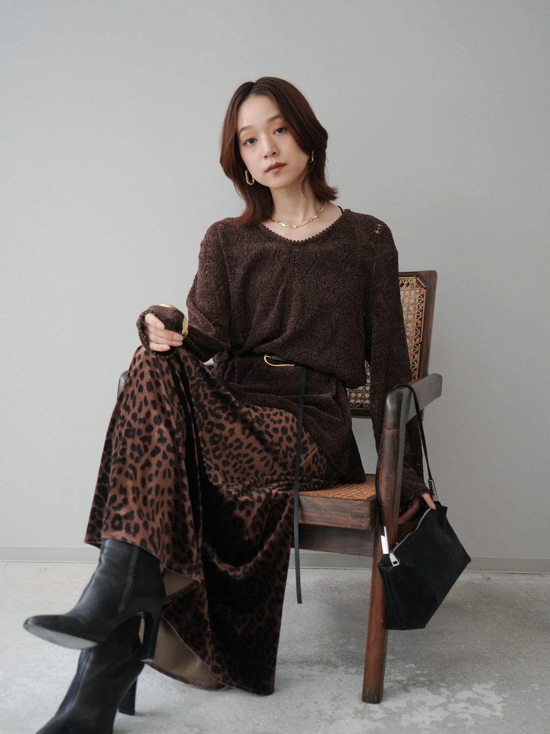 [SET]モール透かし編みニットトップス+レオパードベロアナロースカート(2set)