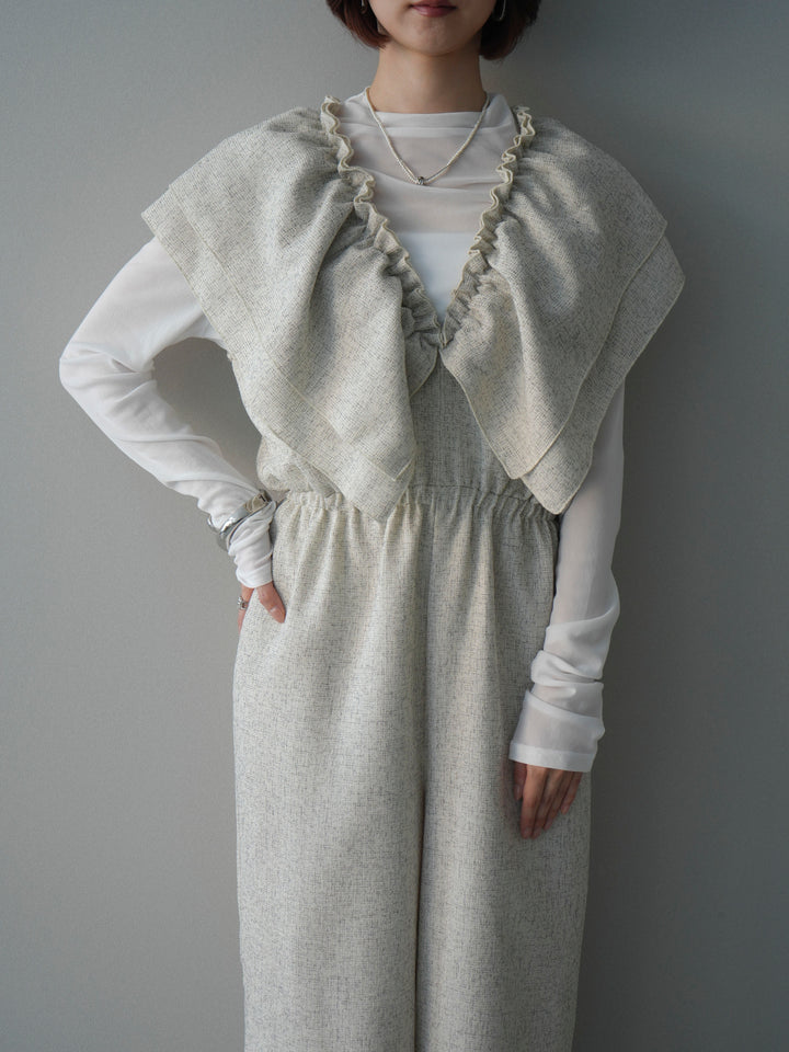 [SET]3WAYミックスツイードギャザーオールインワン+シアープチネックストレッチトップス(2set)