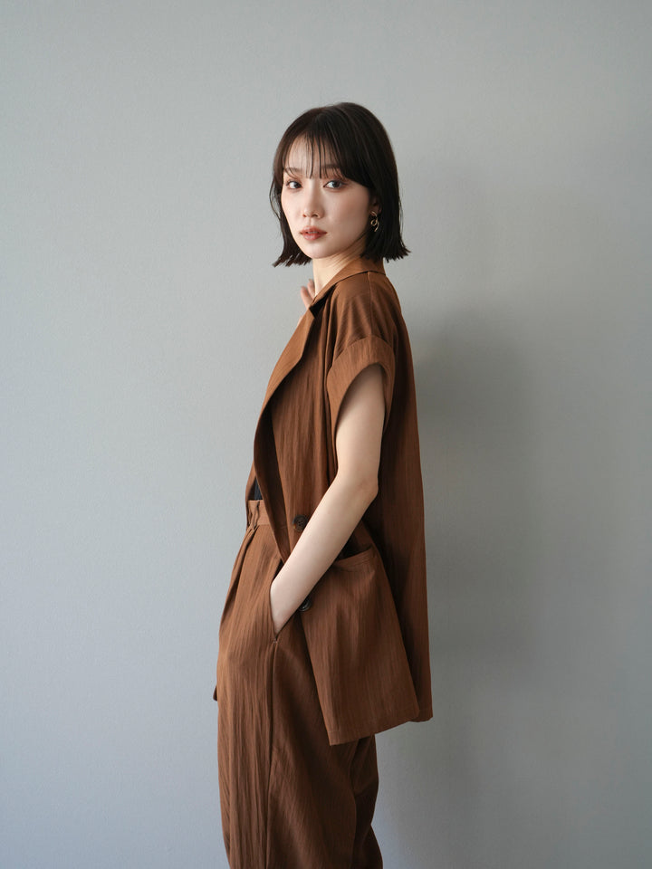 [套裝] 亞麻風格無袖雙背心 + 雙肩帶剪裁羅紋胸罩吊帶背心（2 件套）