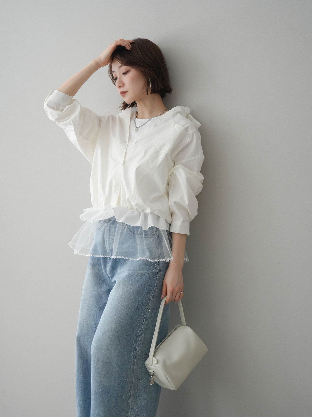 [予約]裾チュールノースリーブカットソー＆シャツドッキングトップス/white