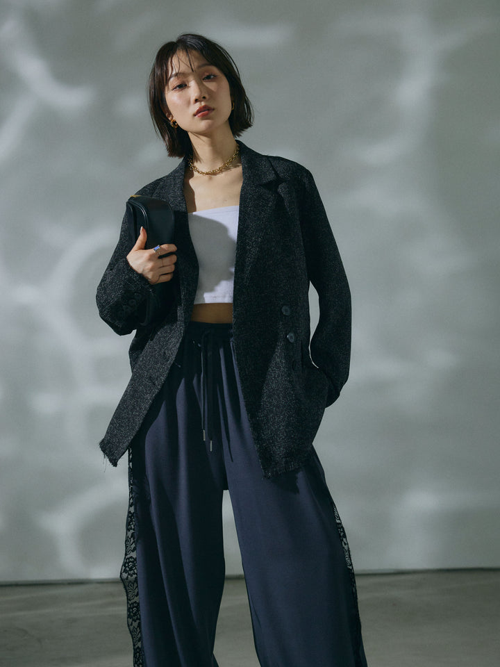 【Allure】[SET]スラブツイードフリンジテーラージャケット+サイドピンタックレースイージーワイドパンツ(2set)