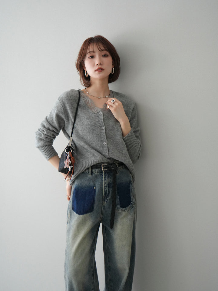 [SET]レースネックニットカーディガン+染めデザインポケットデニムパンツ(2set)