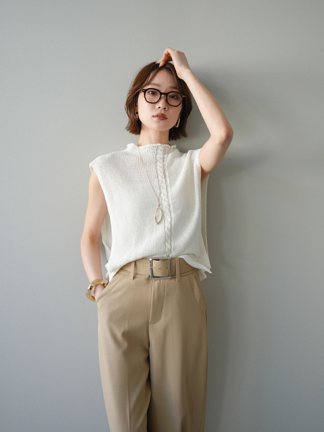 【套裝】開襟針織上衣+銀色搭扣垂褶闊腿褲（兩件套）