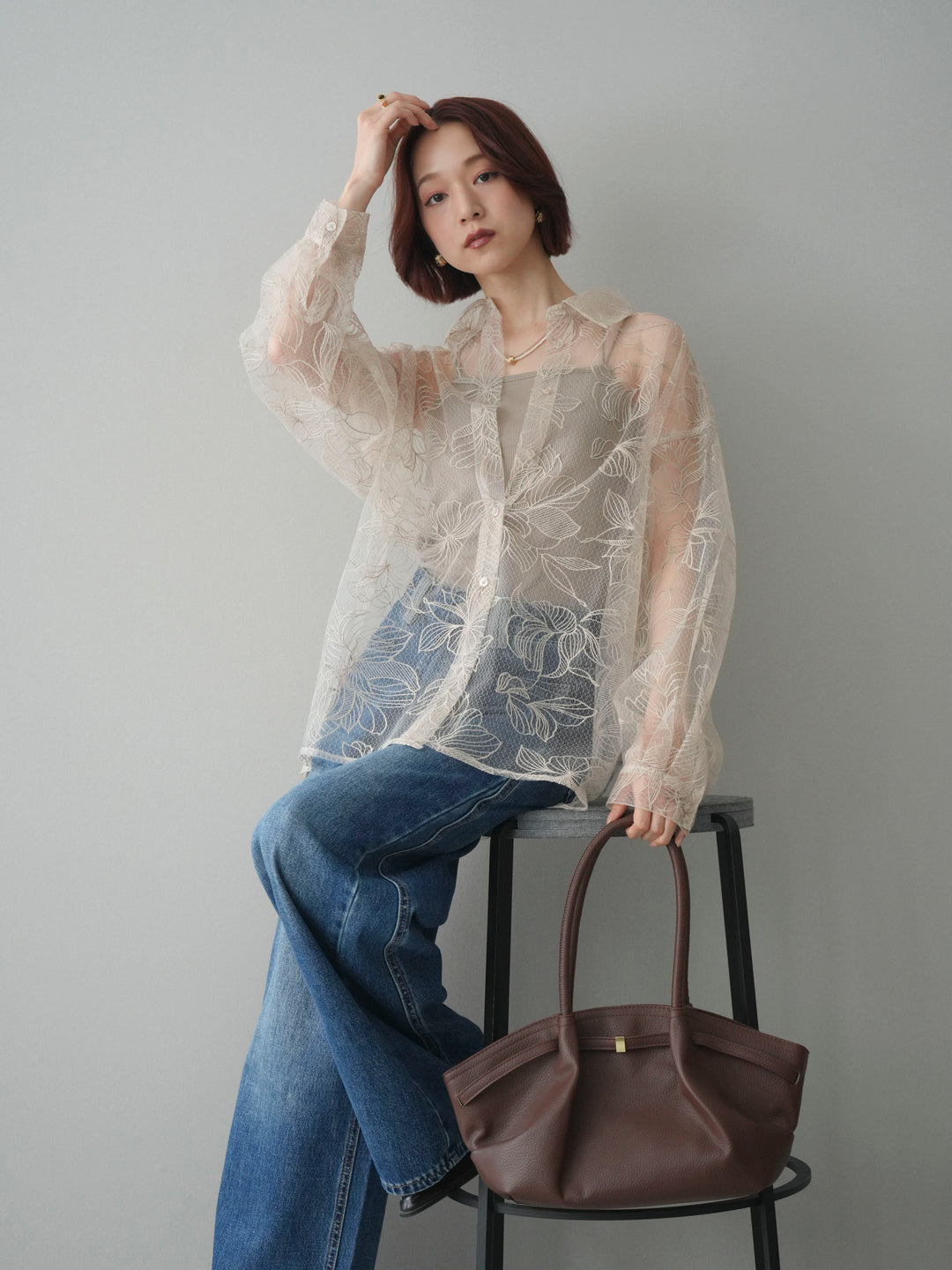 [予約]チュールフラワー刺繍オーバーシャツ/ecru