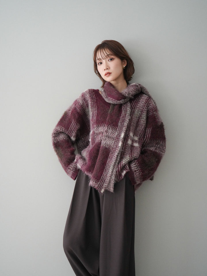 [予約]ストール付シャギーチェックニットプルオーバー/red